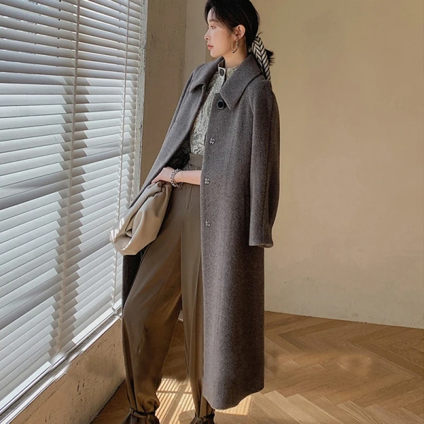Winter Thickened Warm Women's Alpaca Wool Solid Color Coat Hand-sewn Simple Long Single-breasted Coat - Image 6