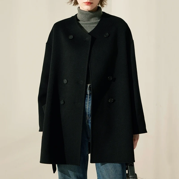 Double Breasted Woolen Coat Mid Length Double Faced Winter 100% Real Wool Coats Women - Image 4