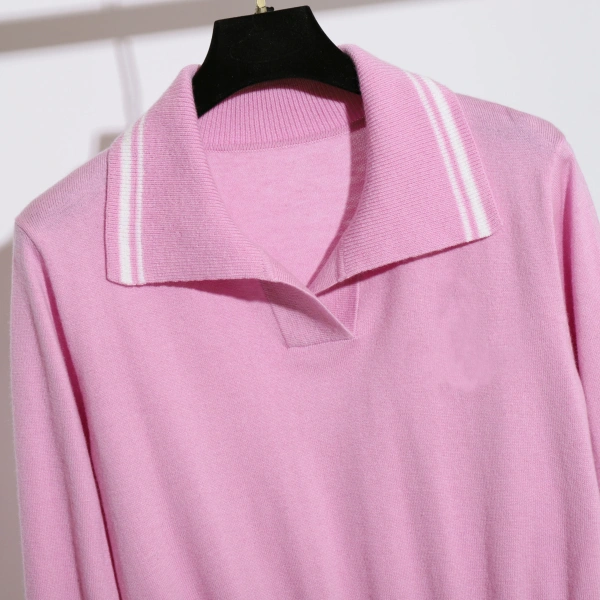 Spring Polo Collar Stripe Knitted Sweater 100% Wool Pullover Women - Image 2
