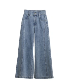 High Waist Long 100% Cotton Jeans Wide Leg Women Denim Pants