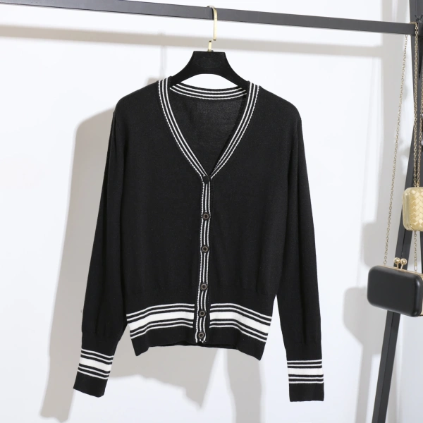 Stripe Single-Breasted V Neck Sweater 100% Wool Knitted Cardigan Women - Image 4