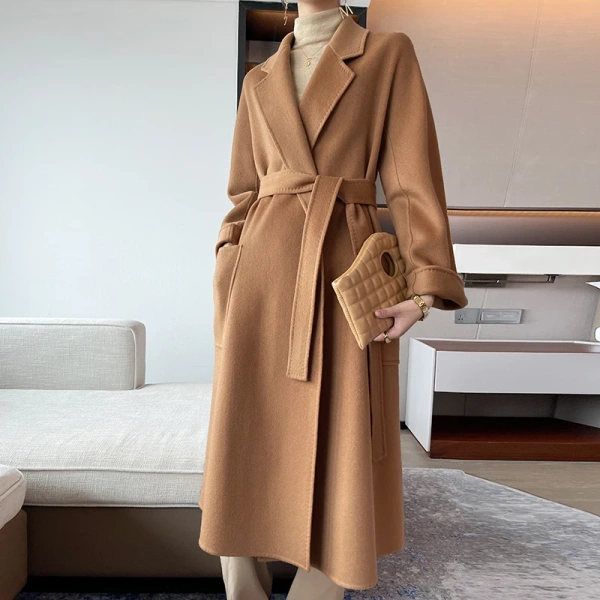 High Quality Classic Fashion Leisure Time Long 100% Cashmere Loose Handmade Tie a Belt Tailored Collar Coat - Image 2