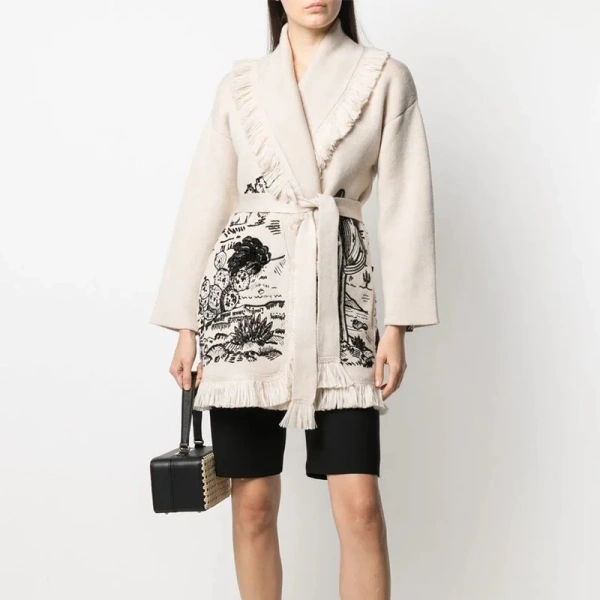 Winter Spring Long Sleeve Knitwear Coat Jacquard Knitted Wool Cardigan Sweater Women with Tassel - Image 2
