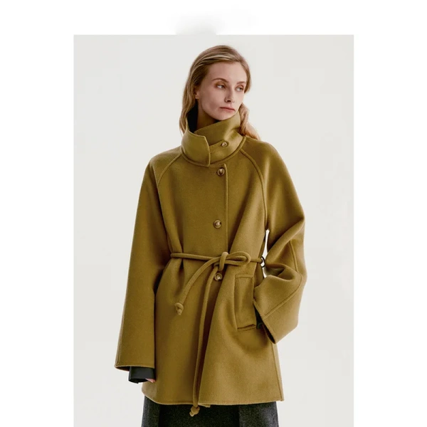 This Winter's New Small Round Neck Thickened Double-sided Wool Warm Coat square Neck Coat Fresh Simple Solid Color - Image 2