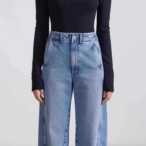 Casual Long 100% Cotton Straight Jeans Women High Waisted Denim Pants - Image 2