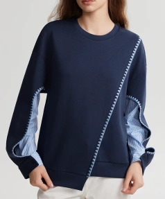 Splicing Design Pullover O Neck Knitted Cotton Sweater Women