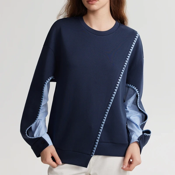 Splicing Design Pullover O Neck Knitted Cotton Sweater Women