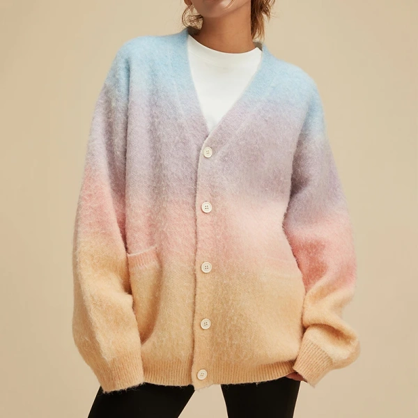 V Neck Winter Sweaters Tie Dye Gradient Color Knitted Cardigan Women for Women