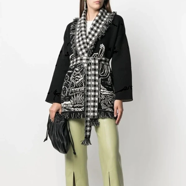 Winter Spring Long Sleeve Knitwear Coat Jacquard Knitted Wool Cardigan Sweater Women with Tassel - Image 4