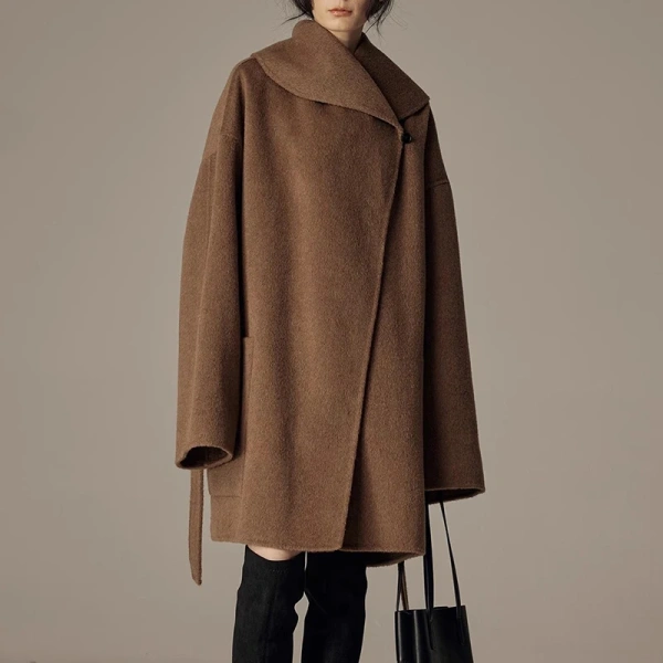 Big Turn Down Collar Camel Hair Coat Double Faced Handmade Wool Coat for Women