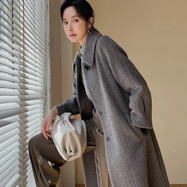 Winter Thickened Warm Women's Alpaca Wool Solid Color Coat Hand-sewn Simple Long Single-breasted Coat - Image 5