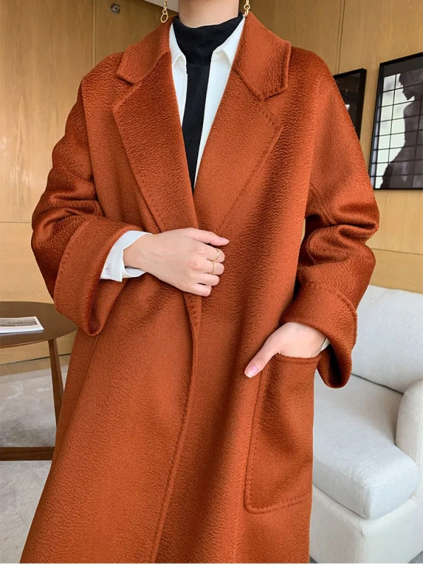 Haute Couture Winter Classic Water Ripple Cashmere Coat Solid Color  Handmade Stick Pocket - Image 4