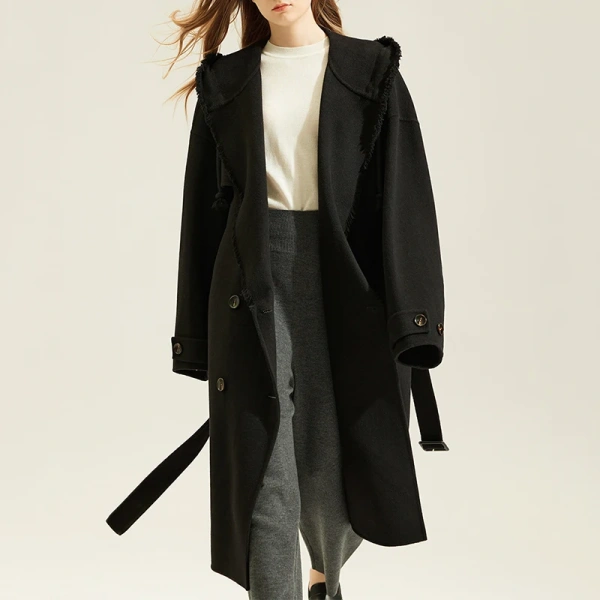 Winter Warm Double Breasted Woolen Trench Coat Women Double Faced Long 100% Real Sheep Wool Coats With Hood - Image 4