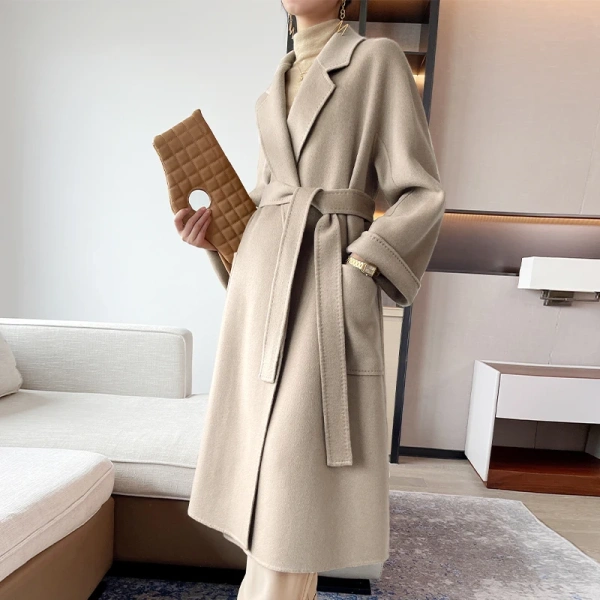 High Quality Classic Fashion Leisure Time Long 100% Cashmere Loose Handmade Tie a Belt Tailored Collar Coat - Image 5