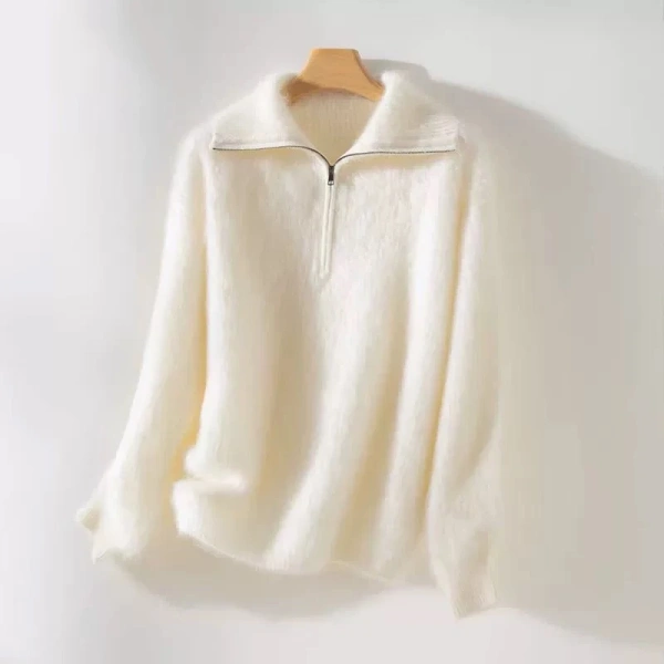 Turn Down Collar Knitted Pullover 100% Cashmere Sweater Women with Zippers - Image 5