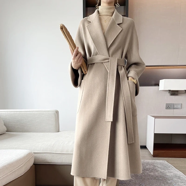 High Quality Classic Fashion Leisure Time Long 100% Cashmere Loose Handmade Tie a Belt Tailored Collar Coat - Image 4