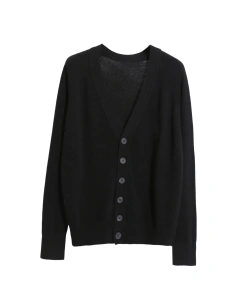 Single-Breasted V Neck 100% Wool Sweater Black Knitted Cardigan for Women