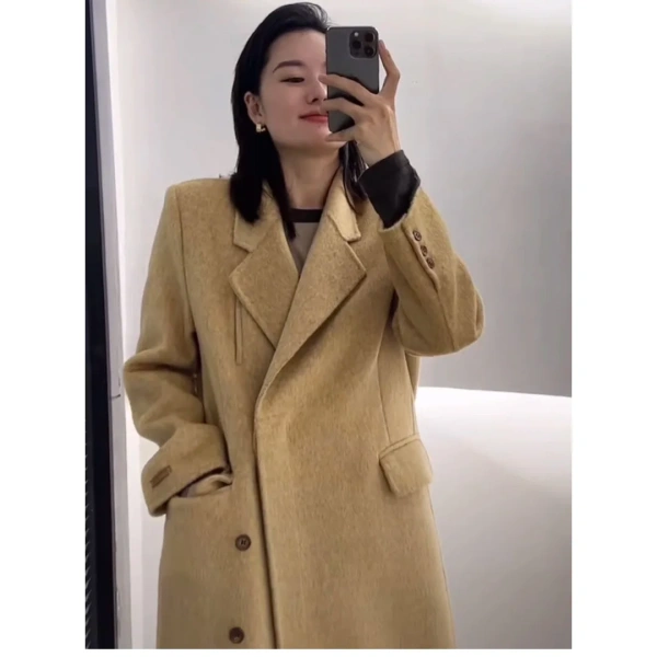 Real Handmade Long Wool Double-sided Wool Coat Women's Medium-length Autumn and Winter Commuting Solid Color Simple Retro - Image 2
