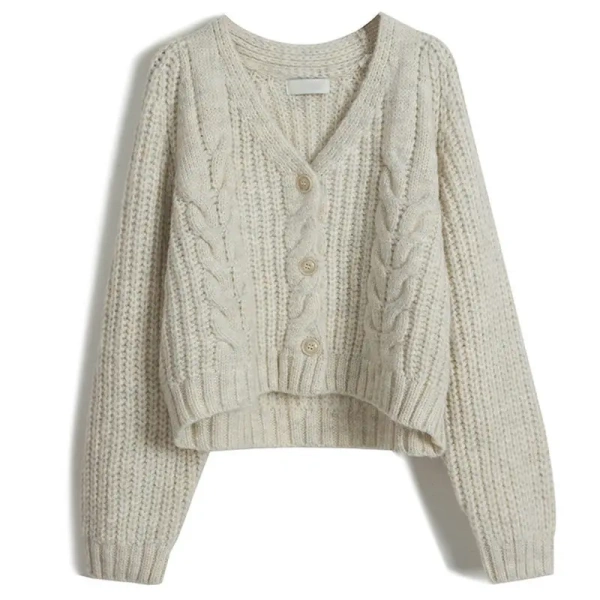 V Neck Single Breasted Sweater Winter Cropped 100% Wool Knitted Cardigan Women - Image 5