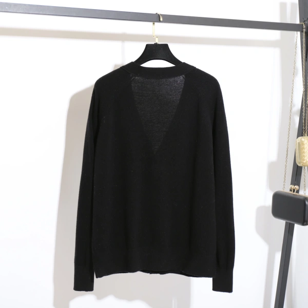 Single-Breasted V Neck 100% Wool Sweater Black Knitted Cardigan for Women - Image 2
