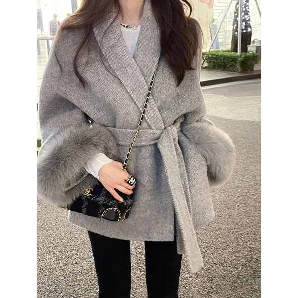 Winter New High-end Double-sided Alpaca Fur Strapped Coat Cuffs Detachable fox Fur Temperament Coat - Image 6