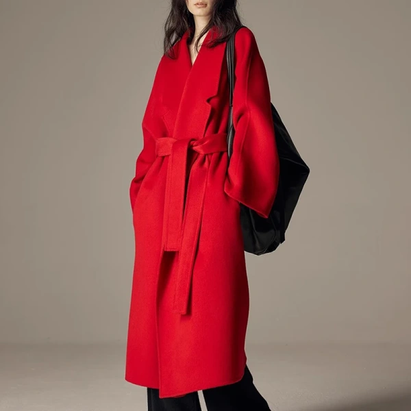 Winter Turn Down Collar Women Woolen Coats Luxury Double Faced Long Wool Coat Women with Belt - Image 3