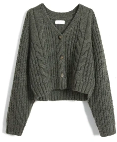 V Neck Single Breasted Sweater Winter Cropped 100% Wool Knitted Cardigan Women