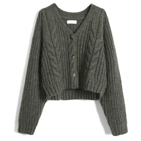 V Neck Single Breasted Sweater Winter Cropped 100% Wool Knitted Cardigan Women