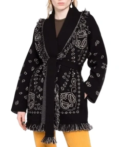 Fashion Tassel Knitted Cardigan Loose Thick Jacquard Wool Knitted Coats Women with Belt