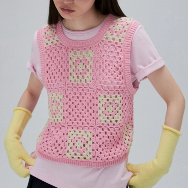 Sleeveless Square Pattern Sweater Vests Cropped Acrylic Cotton Crochet Knitted Vest for Women - Image 4