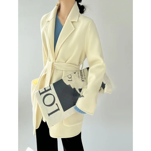 Senior Suit Double-sided Tweed Soft Cashmere Coat Female Fall and Winter New Temperament in the Long Tie Tweed Elegance - Image 3