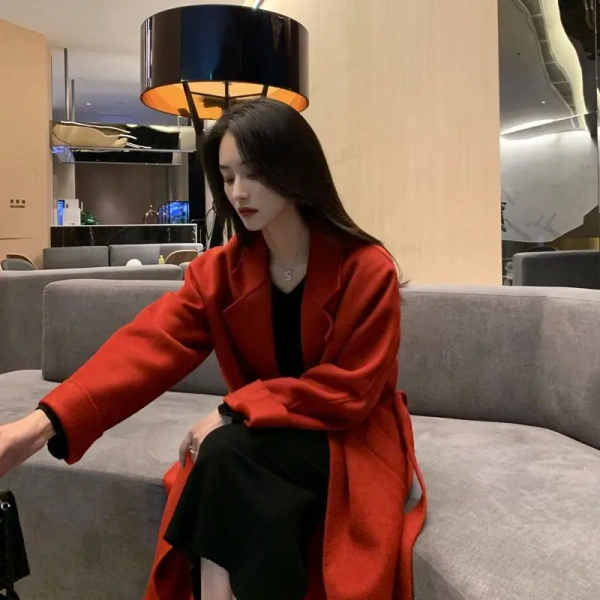 French Retro Double-sided Wool Coat Long Hair A-line Winter Long Thick High-grade Wool Coat for Women - Image 2