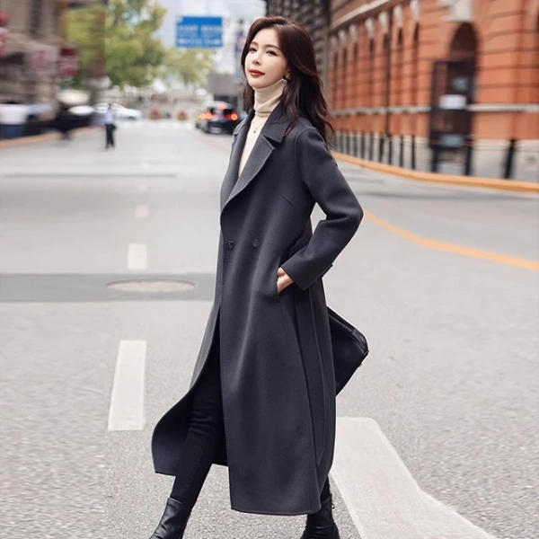 Gray Double-faced Cashmere Coat for Women Mid-length 2025 New Style Winter Double-faced Cashmere Suit Collar Slim Woolen Coat - Image 2