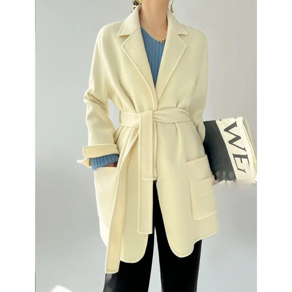 Senior Suit Double-sided Tweed Soft Cashmere Coat Female Fall and Winter New Temperament in the Long Tie Tweed Elegance - Image 2