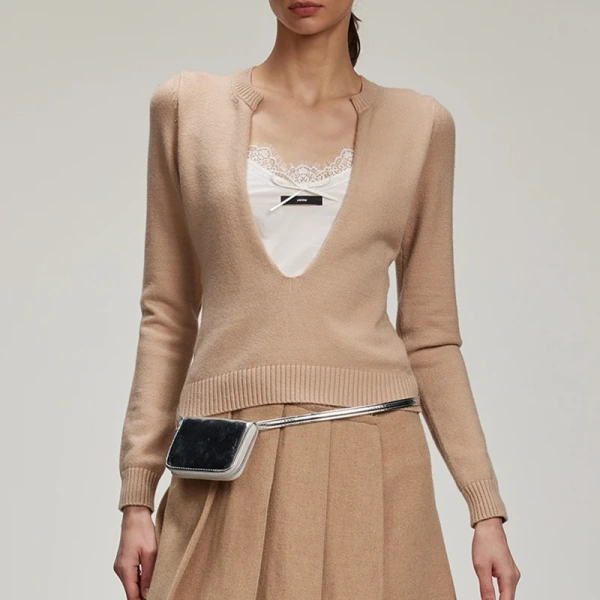 V Neck Knitwear Pullover Women Cropped Handmade Knitted Wool Sweater
