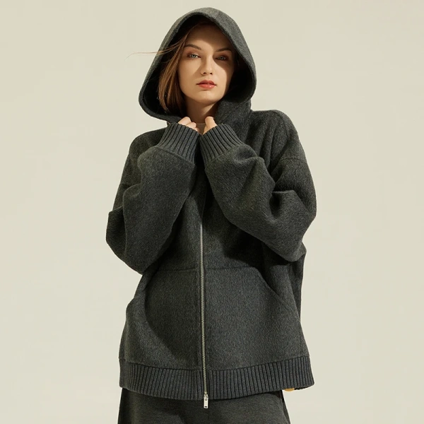 Cropped Double Faced Woolen Coat Winer Luxury Alpaca Wool Coats Women With Hood - Image 3