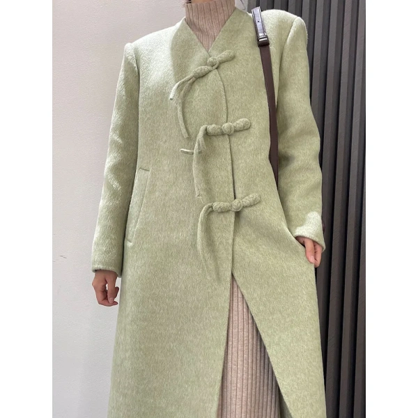 Stand Collar Design Sense Lacing in the Long Section Double-sided Tweed Cashmere Coat Female 2025 Autumn and Winter New - Image 6