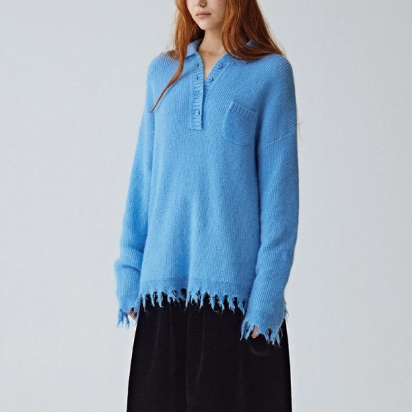 Turn Down Collar Pullover Blue Knitted Mohair Sweater Women - Image 3