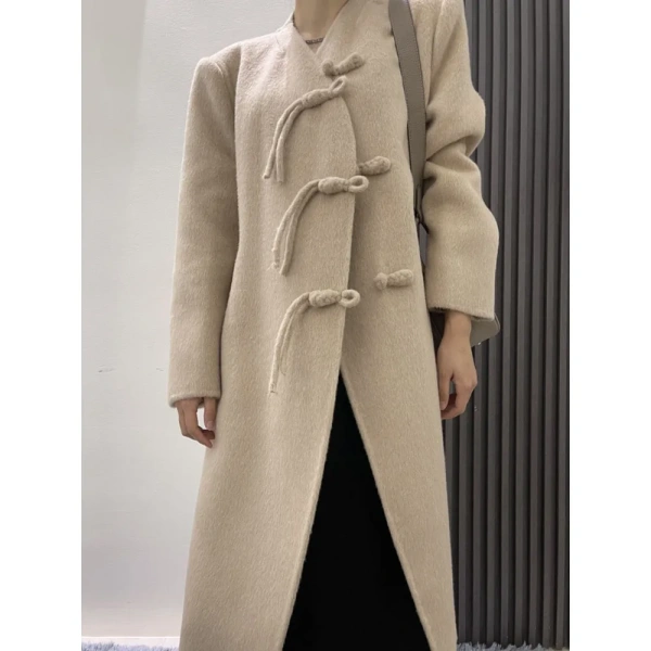 Stand Collar Design Sense Lacing in the Long Section Double-sided Tweed Cashmere Coat Female 2025 Autumn and Winter New - Image 4