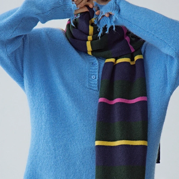 Turn Down Collar Pullover Blue Knitted Mohair Sweater Women - Image 5