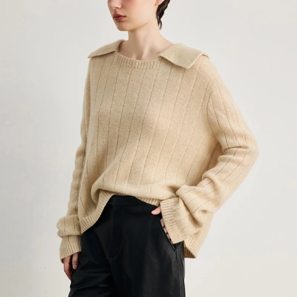 Turn Down Collar Cashmere Knitwear Luxury 100% Cashmere Knitted Sweater Women - Image 3