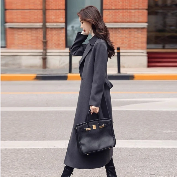 Gray Double-faced Cashmere Coat for Women Mid-length 2025 New Style Winter Double-faced Cashmere Suit Collar Slim Woolen Coat - Image 4