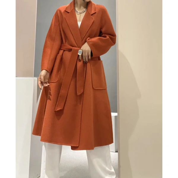 Water Wave Pattern Double-sided Cashmere Coat Female Bathrobe in the Long Section Knee-length Loose Hepburn High-end Wool Tweed - Image 4