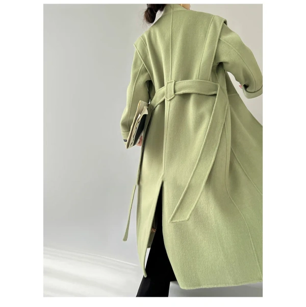 Senior Sense Standing Collar Green Double-sided Tweed Cashmere Coat Women's Autumn and Winter 2025 New Long Temperament Wool - Image 5
