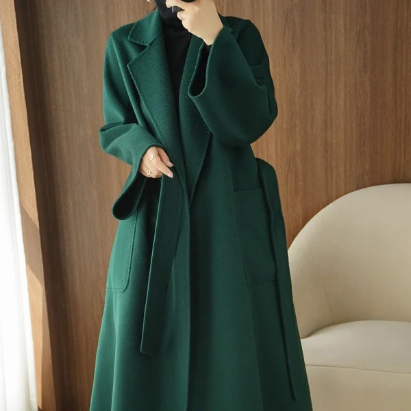 Water Wave Pattern Double-sided Cashmere Coat Female Bathrobe in the Long Section Knee-length Loose Hepburn High-end Wool Tweed - Image 2