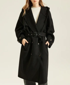 Winter Warm Double Breasted Woolen Trench Coat Women Double Faced Long 100% Real Sheep Wool Coats With Hood