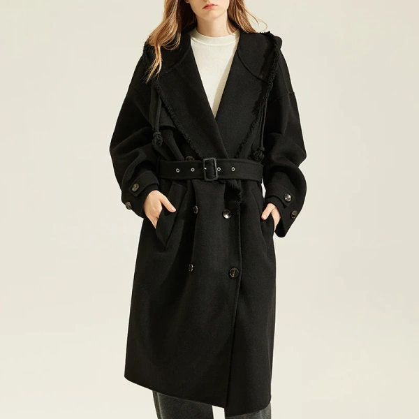 Winter Warm Double Breasted Woolen Trench Coat Women Double Faced Long 100% Real Sheep Wool Coats With Hood