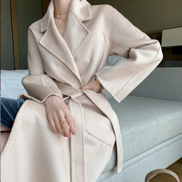 Water Wave Pattern Double-sided Cashmere Coat Female Bathrobe in the Long Section Knee-length Loose Hepburn High-end Wool Tweed - Image 5