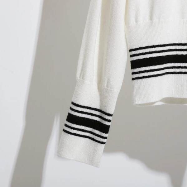 Stripe Single-Breasted V Neck Sweater 100% Wool Knitted Cardigan Women - Image 3