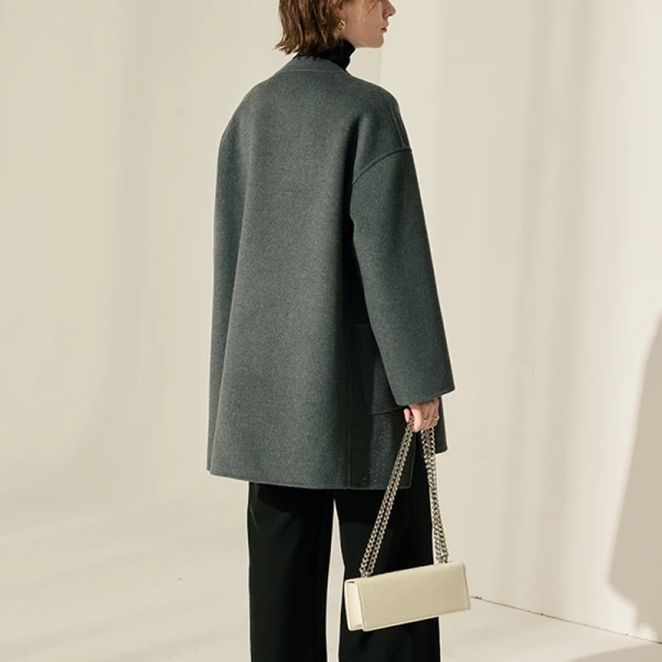 Double Breasted Woolen Coat Mid Length Double Faced Winter 100% Real Wool Coats Women - Image 3
